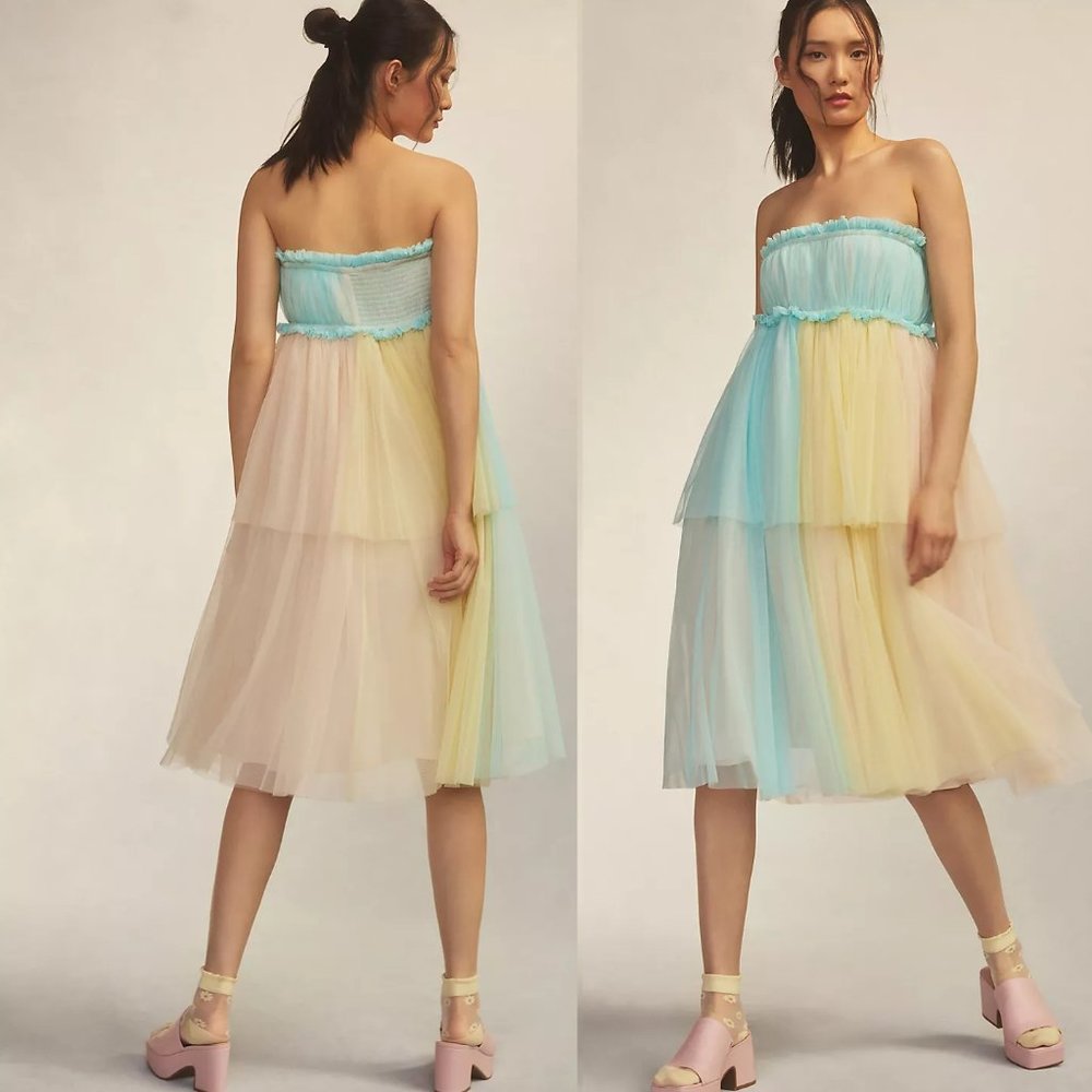 Anthropologie Pastel Tiered Tulle Midi Dress in Blue, Yellow, Cream